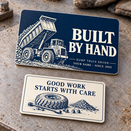 Built by Hand dump truck driver aluminum wallet card showing indigo front and ivory reverse with rigid dump truck and maintenance artwork.