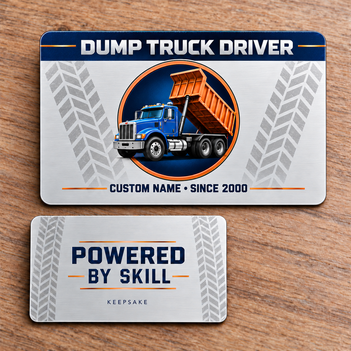 Dump Truck Driver Aluminum Wallet Card - Everyday Dedication – product view with CUSTOM NAME and SINCE 2000