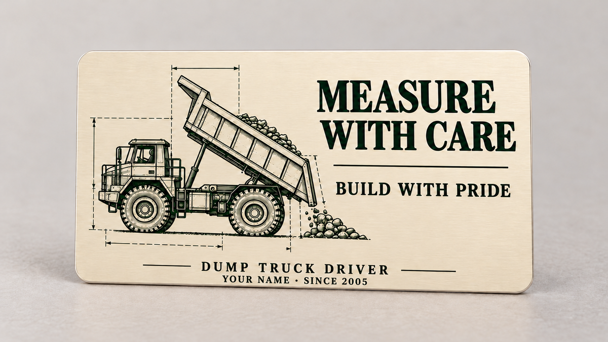 Front of the Dump Truck Driver Measure with Care aluminum wallet card, showing the rigid tipping-bed dump truck design and trade lettering.