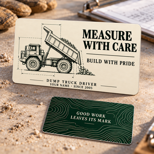 Measure with Care dump truck driver aluminum wallet card showing ivory front and forest-green reverse with technical dump truck and quarry contour artwork.