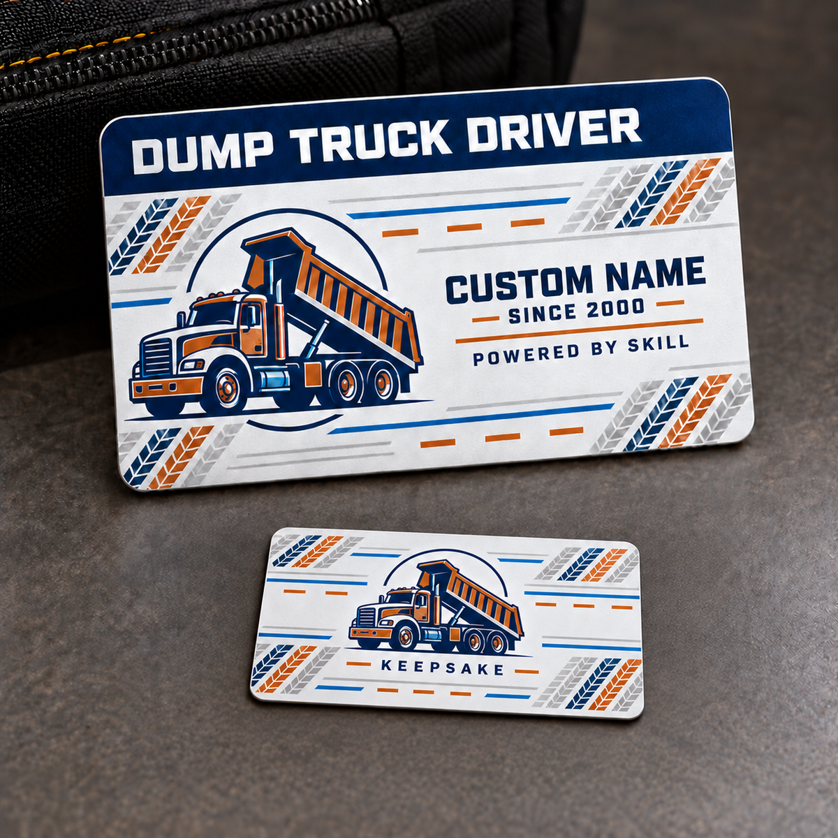 Dump Truck Driver Aluminum Wallet Card - Signature Stripe – product view with CUSTOM NAME and SINCE 2000
