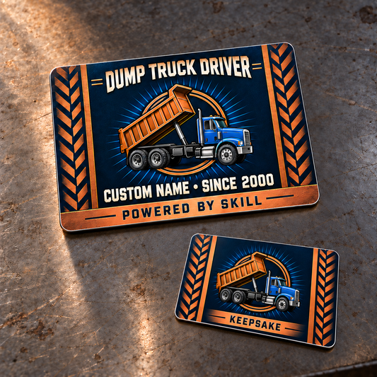 Dump Truck Driver Aluminum Wallet Card - Toolmark Heritage – product view with CUSTOM NAME and SINCE 2000
