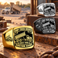Dump Truck Driver Black Face Badge rings in a Gold-dominant diagonal arrangement with Black and Silver finishes on a stationary workshop table; illustrated CUSTOM NAME and SINCE 2000 text