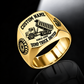 Dump Truck Driver Bold Lettering ring in Gold, showing CUSTOM NAME, SINCE 2000, raised-bed dump truck, wheel and matching shoulder emblem