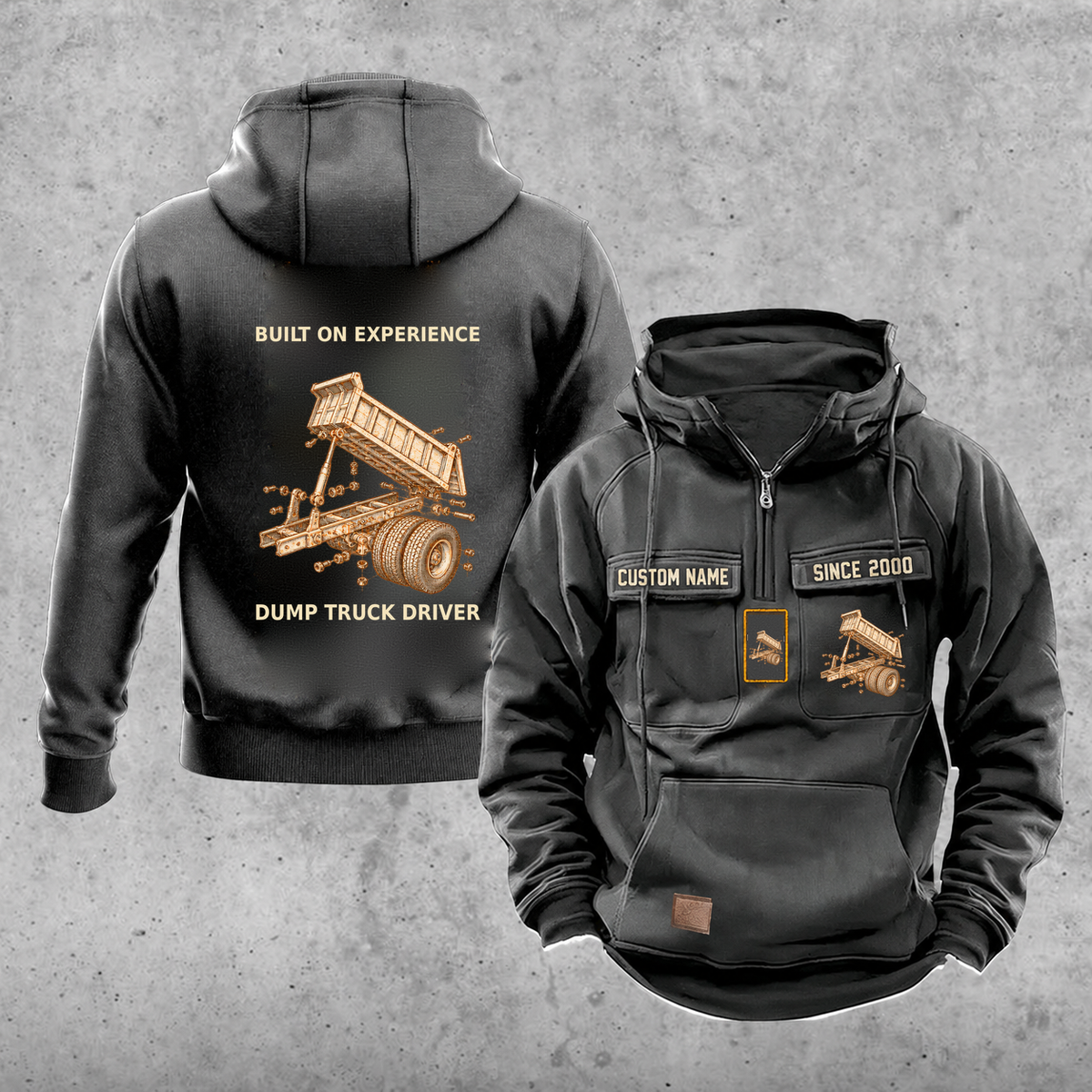 Dump Truck Driver Built on Experience Vintage Hoodie — Dark Gray; faithful original Vintage Hoodie front and back artwork; CUSTOM NAME and SINCE 2000 on front chest.