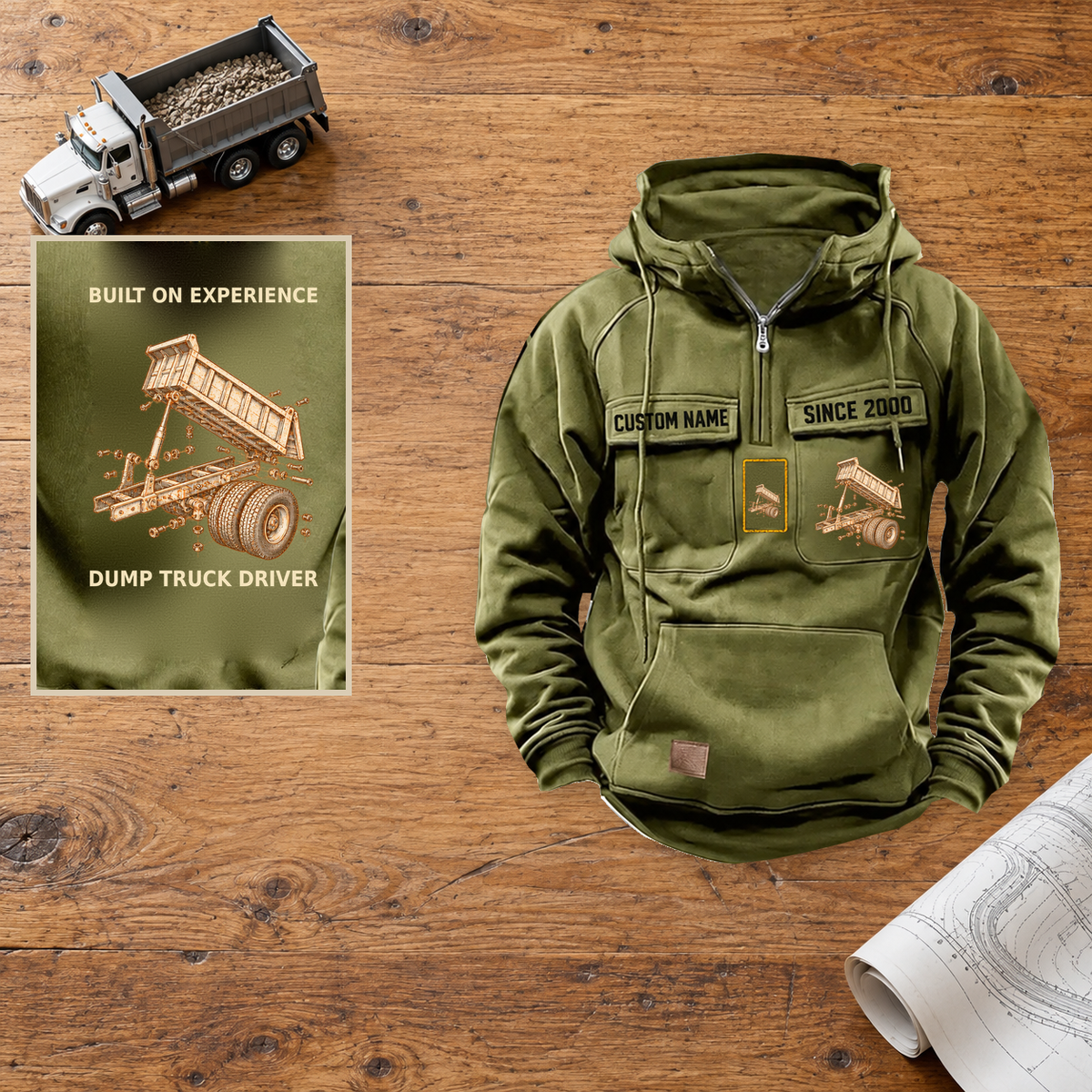 Dump Truck Driver Built on Experience Vintage Hoodie — Hero; faithful original Vintage Hoodie front and back artwork; CUSTOM NAME and SINCE 2000 on front chest.