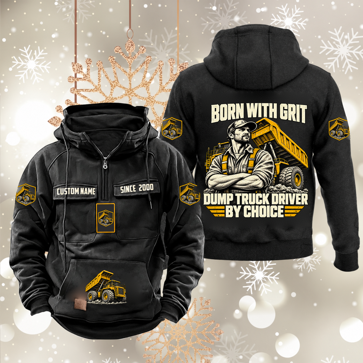 Dump Truck Driver By Choice Vintage Hoodie in Black, front and back artwork views.