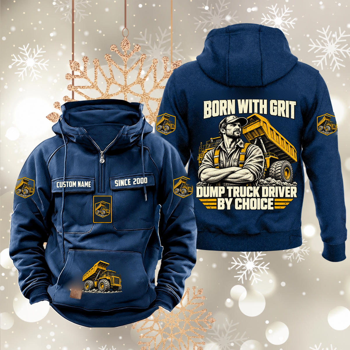 Dump Truck Driver By Choice Vintage Hoodie in Dark Blue, front and back artwork views.