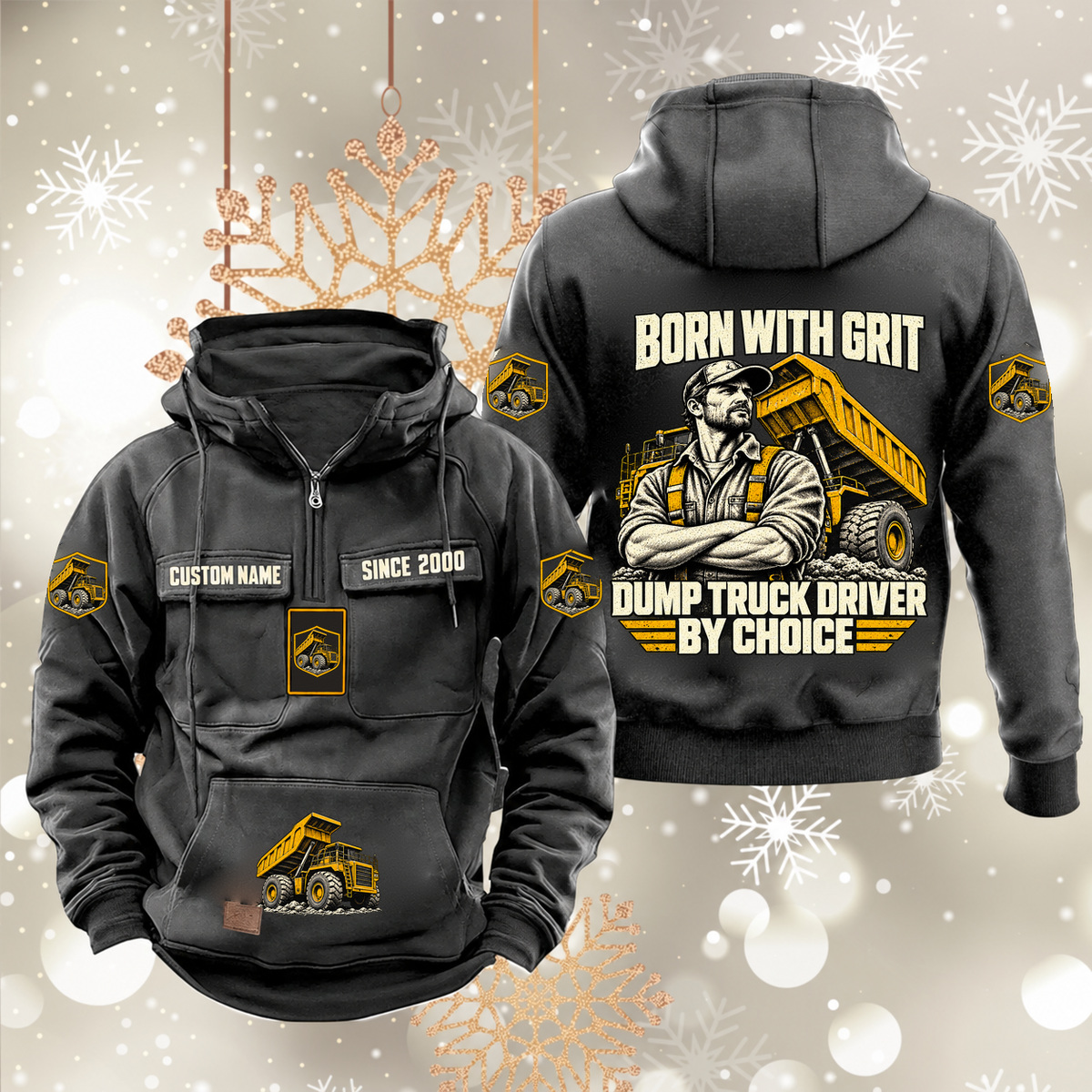 Dump Truck Driver By Choice Vintage Hoodie in Dark Gray, front and back artwork views.