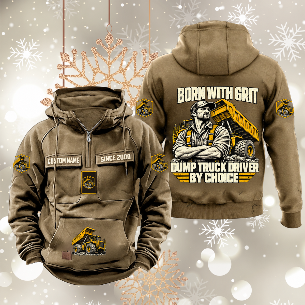 Dump Truck Driver By Choice Vintage Hoodie in Kaki, front and back artwork views.