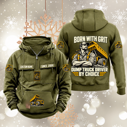 Dump Truck Driver By Choice Vintage Hoodie in Military Green, front and back artwork views.