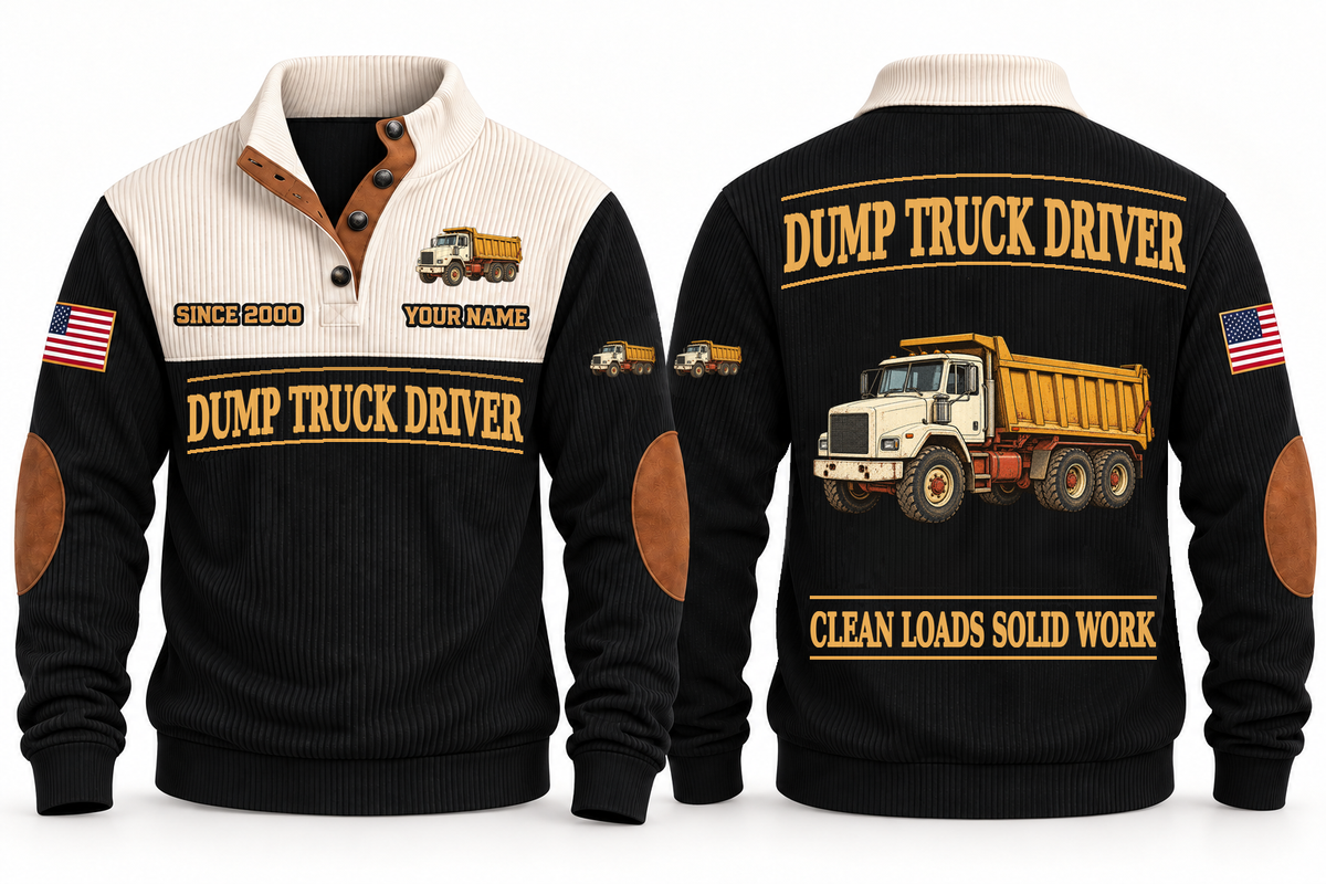 Dump Truck Driver Clean Craft Sports Sweatshirt in Black, front and source-visible back with occupation artwork, cream collar and sample YOUR NAME and SINCE 2000 text
