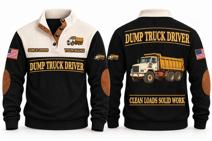 Dump Truck Driver Clean Craft Sports Sweatshirt in Black, front and source-visible back with occupation artwork, cream collar and sample YOUR NAME and SINCE 2000 text