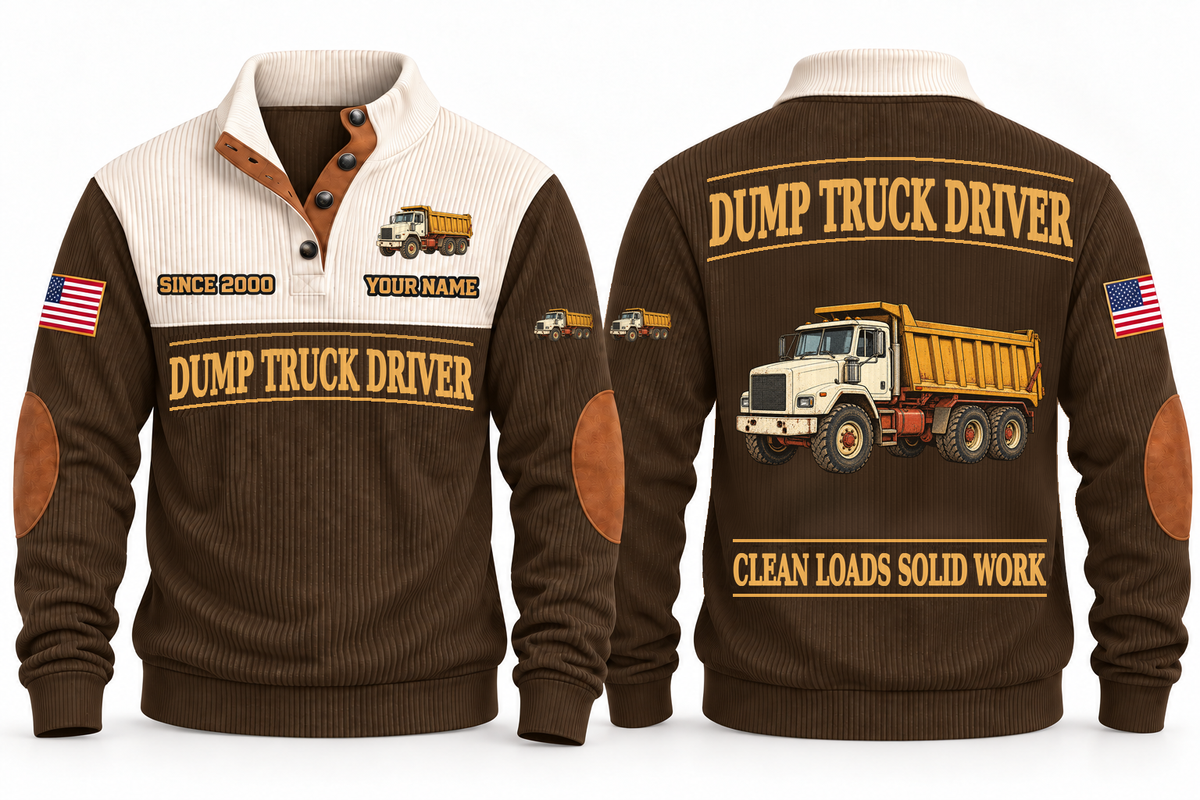 Dump Truck Driver Clean Craft Sports Sweatshirt in Brown, front and source-visible back with occupation artwork, cream collar and sample YOUR NAME and SINCE 2000 text