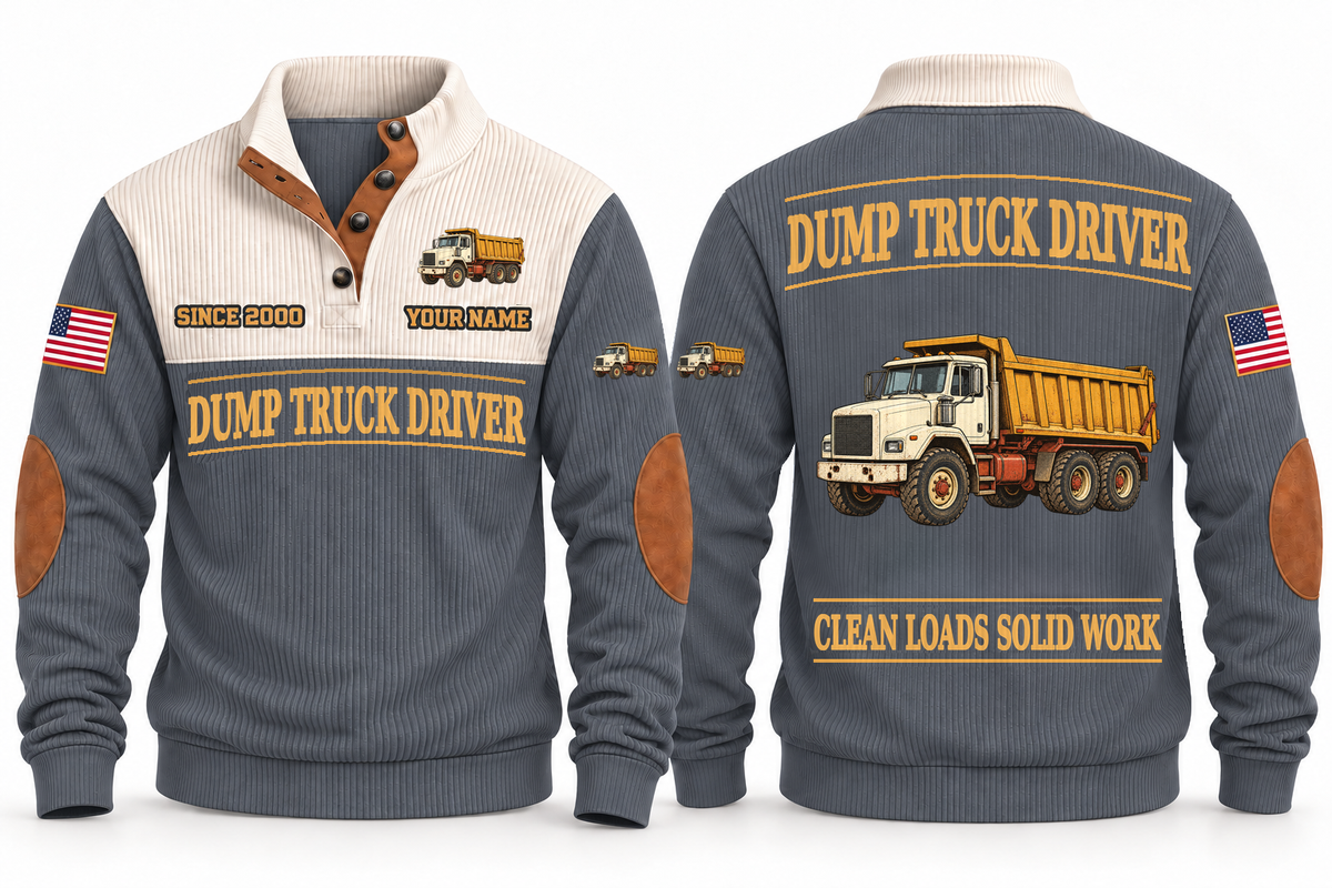 Dump Truck Driver Clean Craft Sports Sweatshirt in Grey, front and source-visible back with occupation artwork, cream collar and sample YOUR NAME and SINCE 2000 text