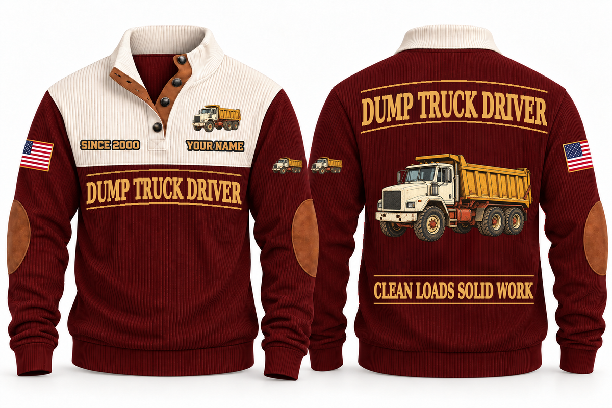 Dump Truck Driver Clean Craft Sports Sweatshirt in Jujube Red, front and source-visible back with occupation artwork, cream collar and sample YOUR NAME and SINCE 2000 text