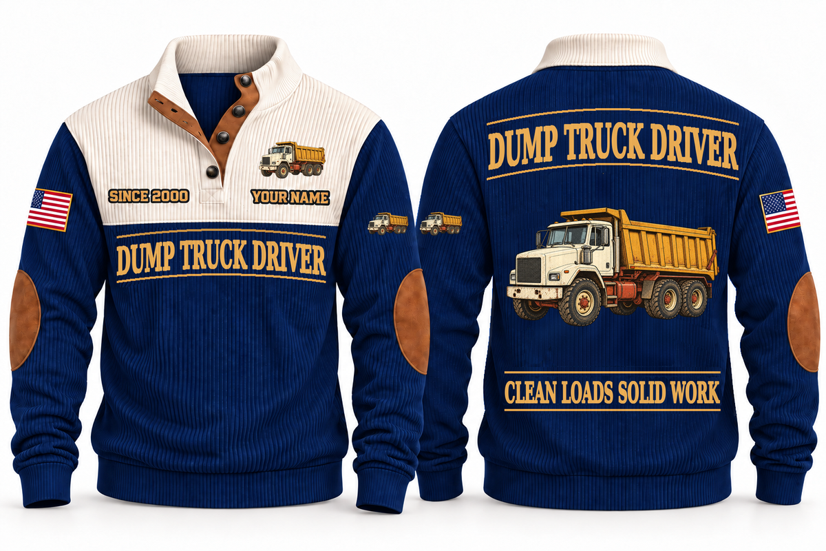 Dump Truck Driver Clean Craft Sports Sweatshirt in Navy, front and source-visible back with occupation artwork, cream collar and sample YOUR NAME and SINCE 2000 text