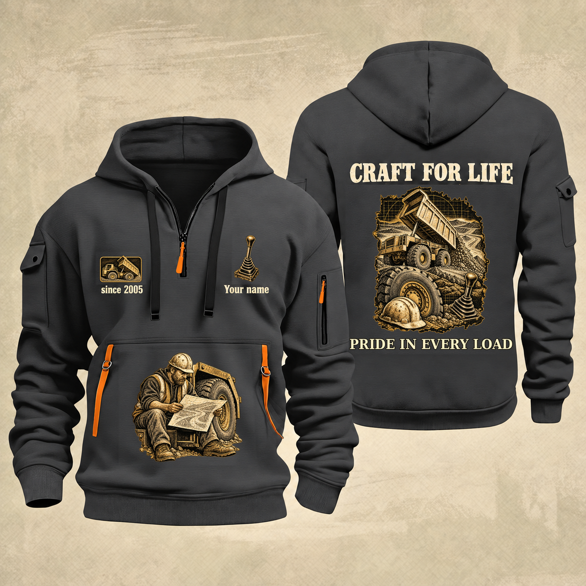 Dump Truck Driver Craft For Life Quarter-Zip Hoodie in Gray, full authentic front and back views with matching dump truck driver tools and equipment artwork, original sample name/year and Craft For Life slogan.