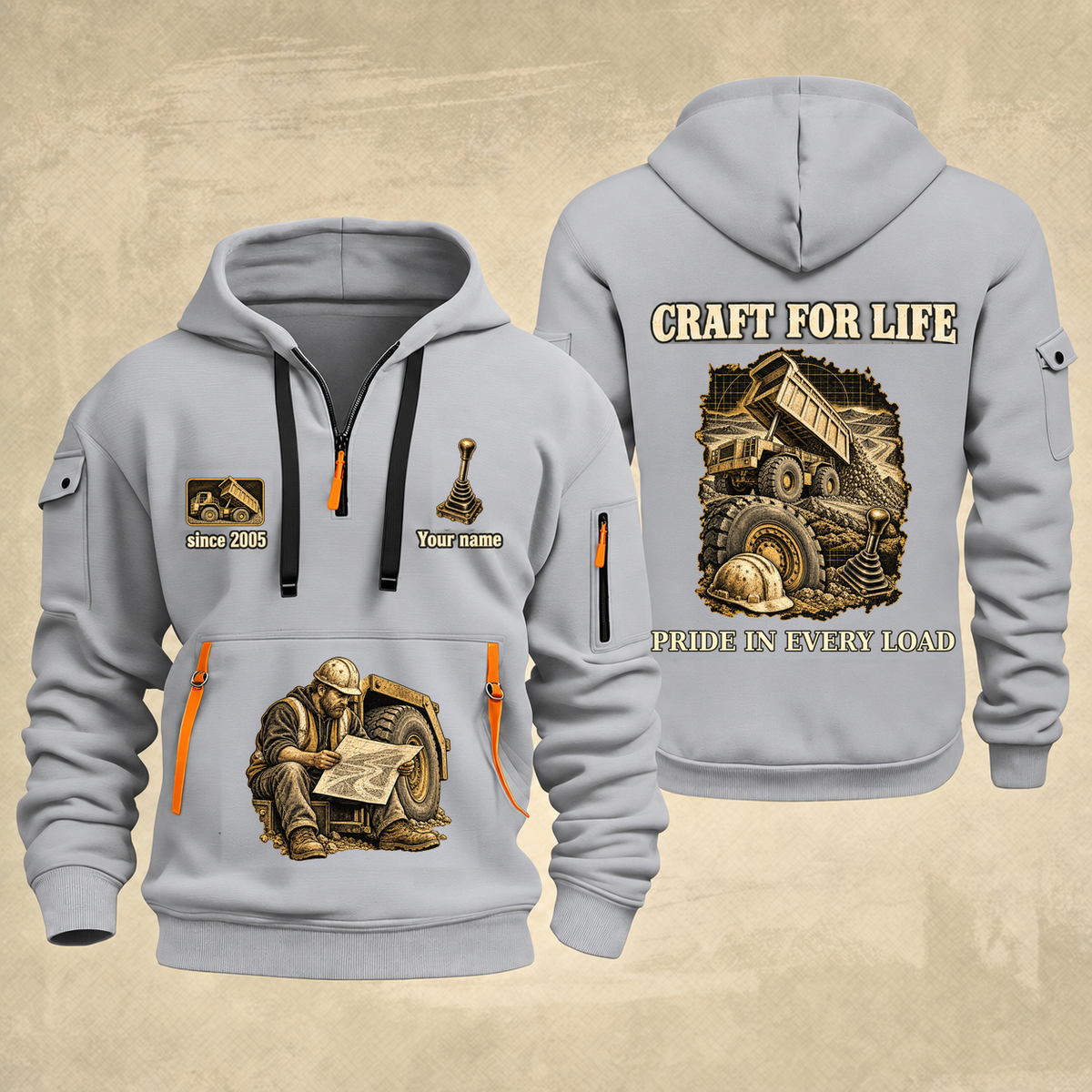 Dump Truck Driver Craft For Life Quarter-Zip Hoodie in Light Grey, full authentic front and back views with matching dump truck driver tools and equipment artwork, original sample name/year and Craft For Life slogan.