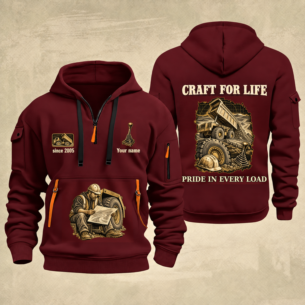 Dump Truck Driver Craft For Life Quarter-Zip Hoodie in Wine Red, full authentic front and back views with matching dump truck driver tools and equipment artwork, original sample name/year and Craft For Life slogan.