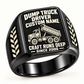 Black Dump Truck Driver Craft Runs Deep signet ring with raised-bed truck artwork and tire-tread shoulder details