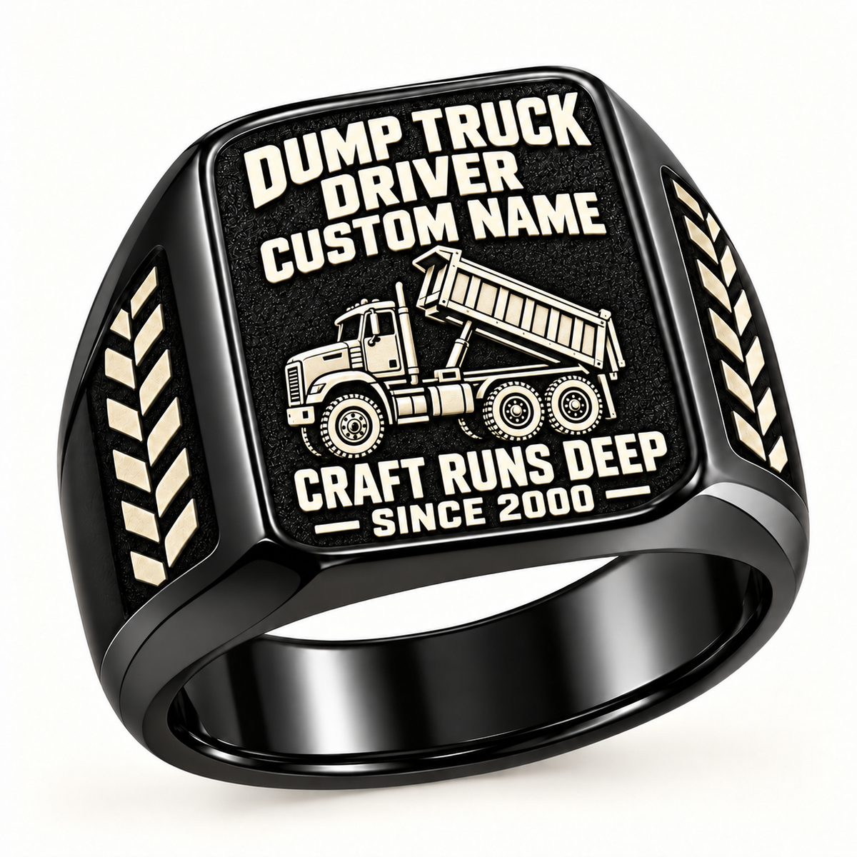 Black Dump Truck Driver Craft Runs Deep signet ring with raised-bed truck artwork and tire-tread shoulder details