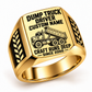 Gold Dump Truck Driver Craft Runs Deep signet ring with raised-bed truck artwork and tire-tread shoulder details
