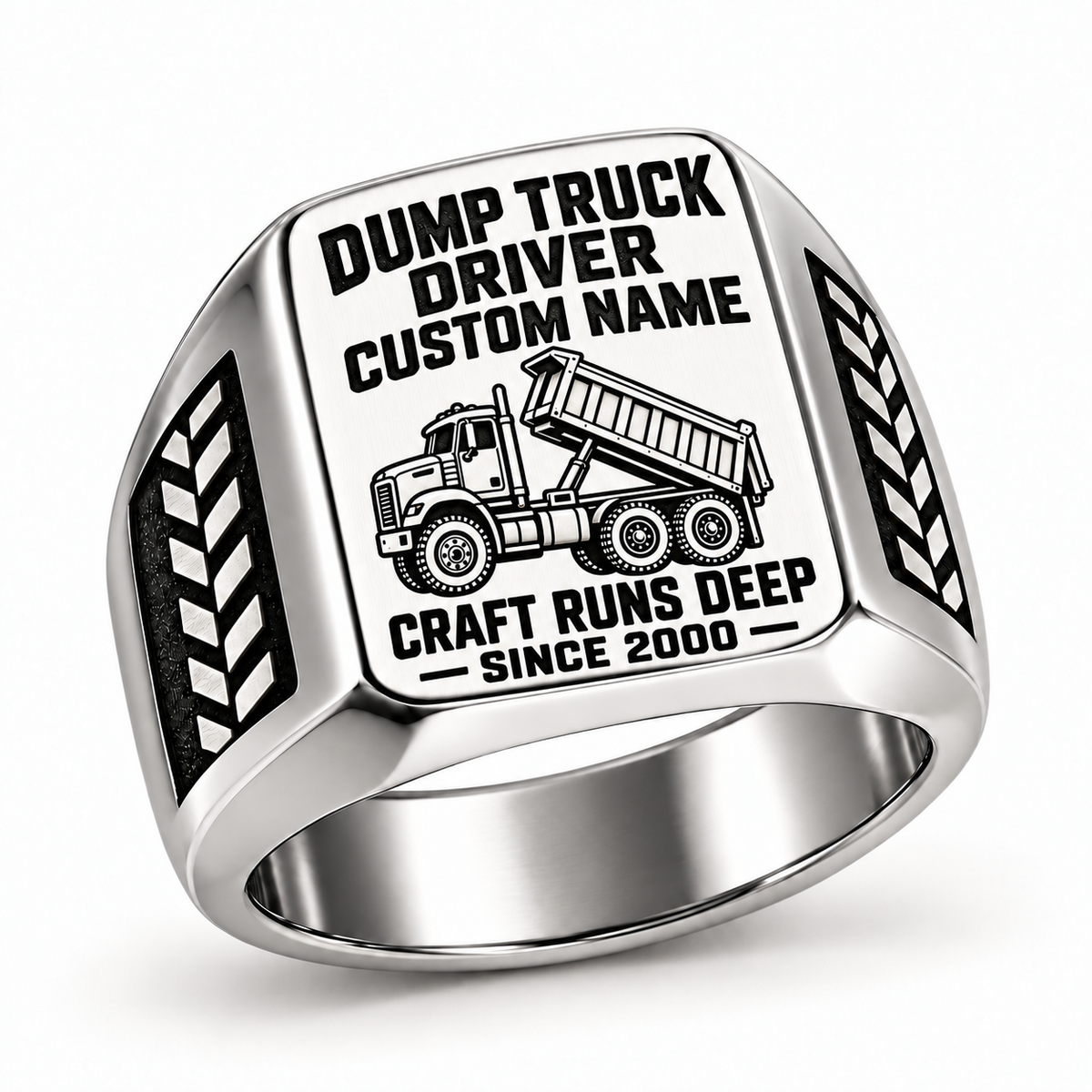 Silver Dump Truck Driver Craft Runs Deep signet ring with raised-bed truck artwork and tire-tread shoulder details