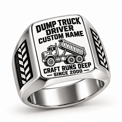 Silver Dump Truck Driver Craft Runs Deep signet ring with raised-bed truck artwork and tire-tread shoulder details