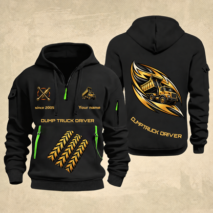 Dump Truck Driver Flow of Craft Quarter-Zip Hoodie in Black, full authentic front and back views with matching dump truck driver tools and equipment artwork, original sample name/year and curved gold occupation lettering.