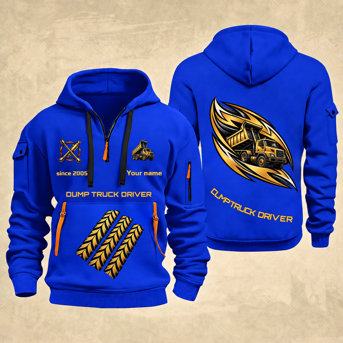 Dump Truck Driver Flow of Craft Quarter-Zip Hoodie in Blue, full authentic front and back views with matching dump truck driver tools and equipment artwork, original sample name/year and curved gold occupation lettering.