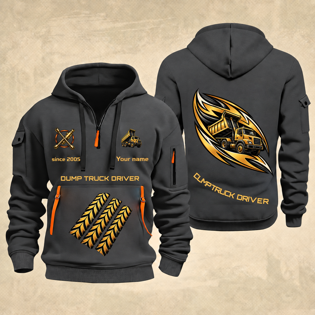 Dump Truck Driver Flow of Craft Quarter-Zip Hoodie in Gray, full authentic front and back views with matching dump truck driver tools and equipment artwork, original sample name/year and curved gold occupation lettering.