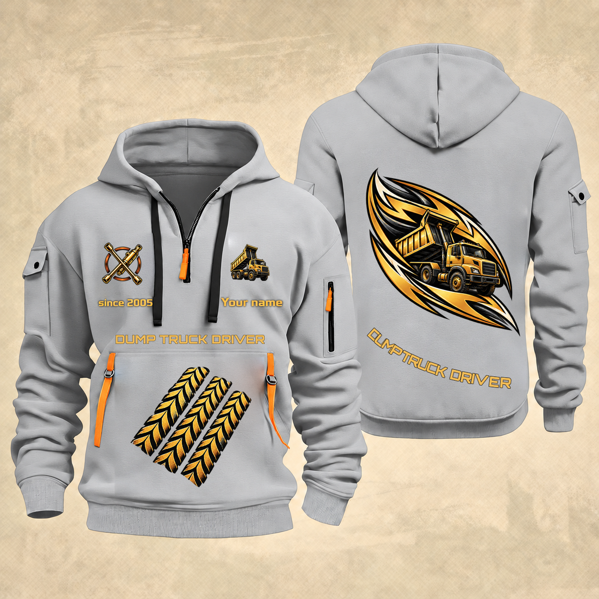 Dump Truck Driver Flow of Craft Quarter-Zip Hoodie in Light Grey, full authentic front and back views with matching dump truck driver tools and equipment artwork, original sample name/year and curved gold occupation lettering.