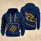 Dump Truck Driver Flow of Craft Quarter-Zip Hoodie in Navy, full authentic front and back views with matching dump truck driver tools and equipment artwork, original sample name/year and curved gold occupation lettering.