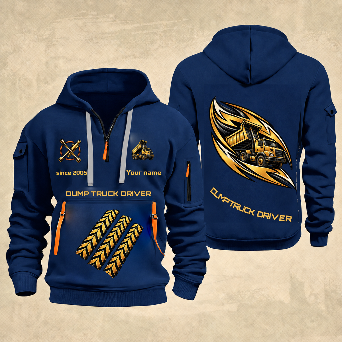 Dump Truck Driver Flow of Craft Quarter-Zip Hoodie in Navy, full authentic front and back views with matching dump truck driver tools and equipment artwork, original sample name/year and curved gold occupation lettering.