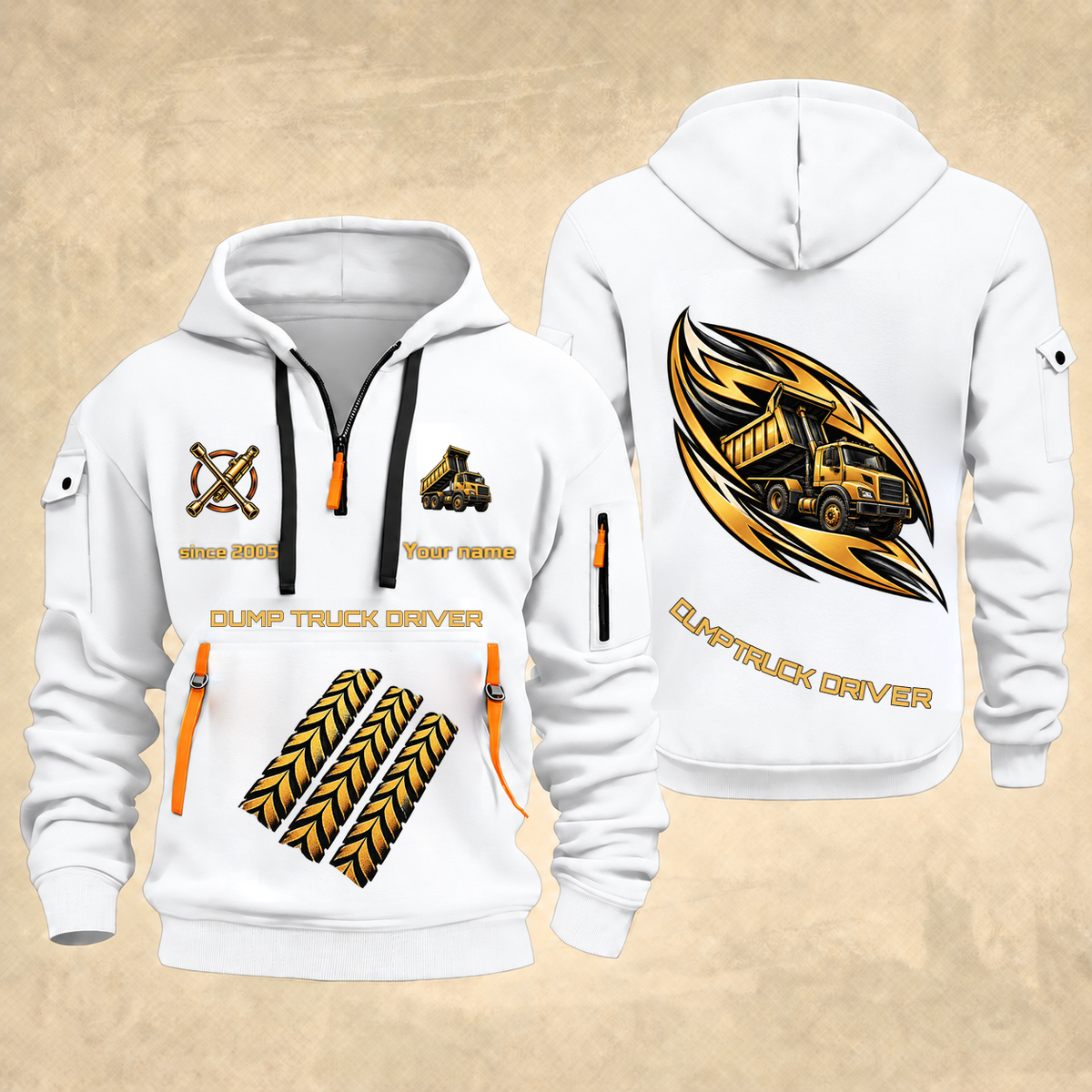 Dump Truck Driver Flow of Craft Quarter-Zip Hoodie in White, full authentic front and back views with matching dump truck driver tools and equipment artwork, original sample name/year and curved gold occupation lettering.