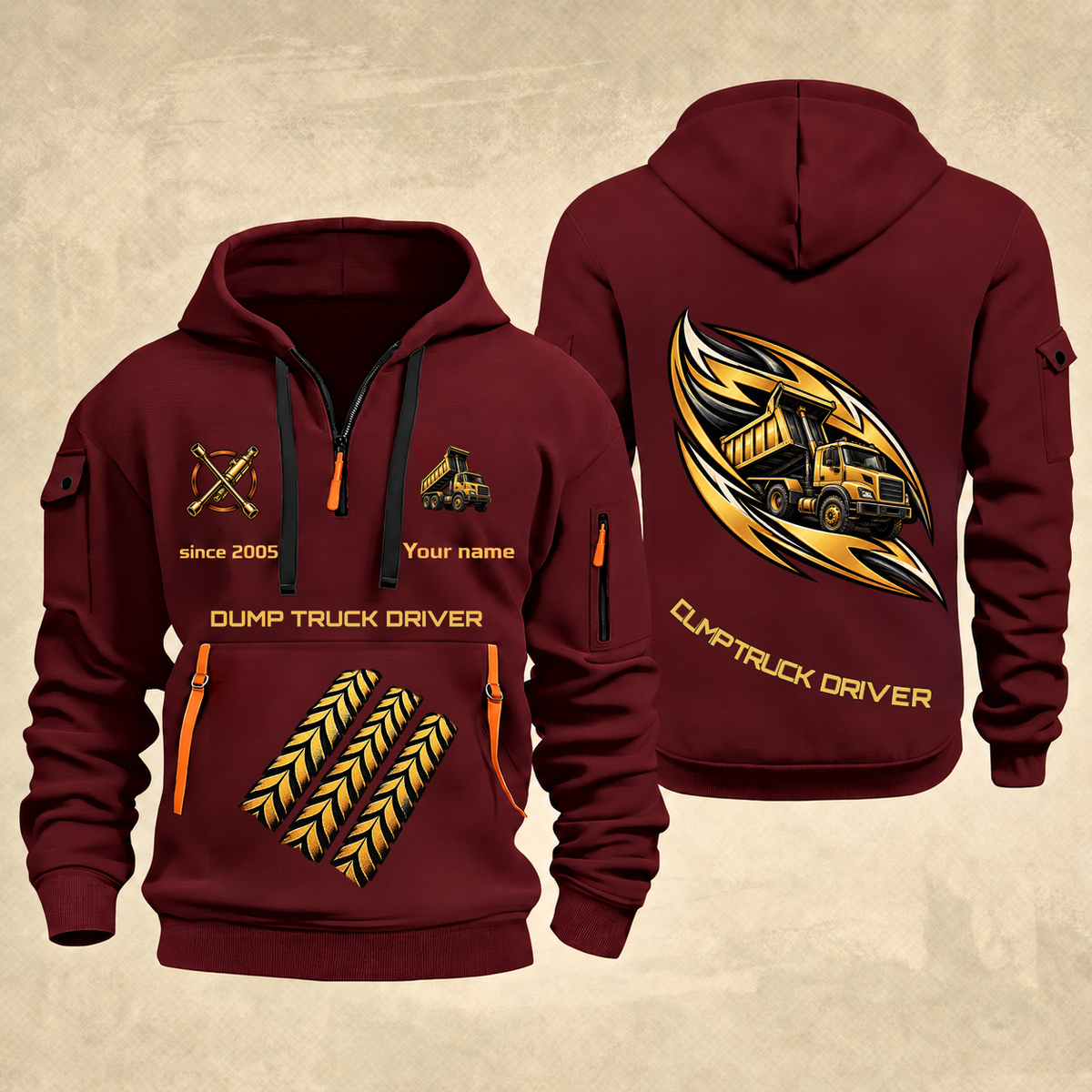 Dump Truck Driver Flow of Craft Quarter-Zip Hoodie in Wine Red, full authentic front and back views with matching dump truck driver tools and equipment artwork, original sample name/year and curved gold occupation lettering.