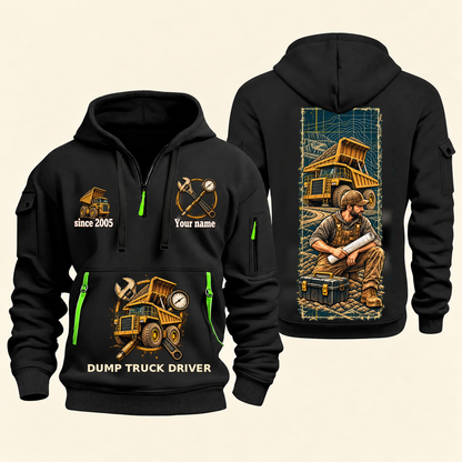 Dump Truck Driver Daily Groundwork Quarter-Zip Hoodie in Black, complete front and back views