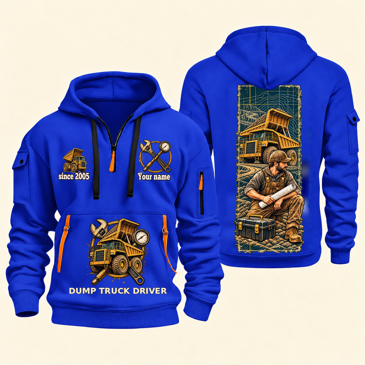 Dump Truck Driver Daily Groundwork Quarter-Zip Hoodie in Blue, complete front and back views
