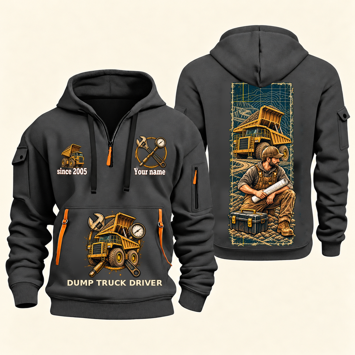 Dump Truck Driver Daily Groundwork Quarter-Zip Hoodie in Gray, complete front and back views