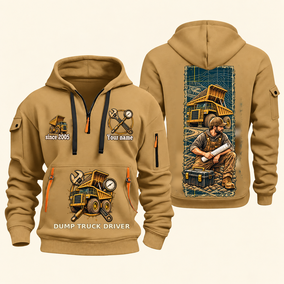 Dump Truck Driver Daily Groundwork Quarter-Zip Hoodie in Khaki, complete front and back views