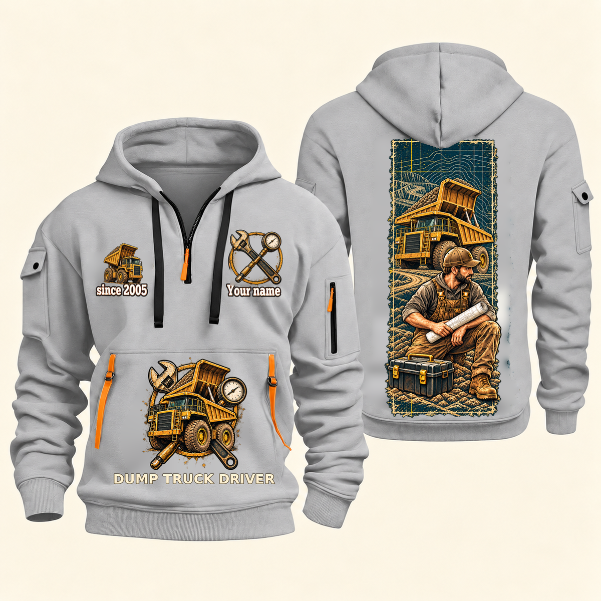 Dump Truck Driver Daily Groundwork Quarter-Zip Hoodie in Light Grey, complete front and back views