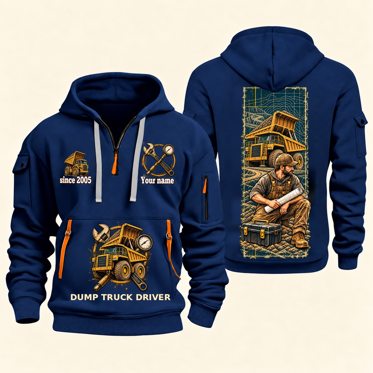 Dump Truck Driver Daily Groundwork Quarter-Zip Hoodie in Navy, complete front and back views