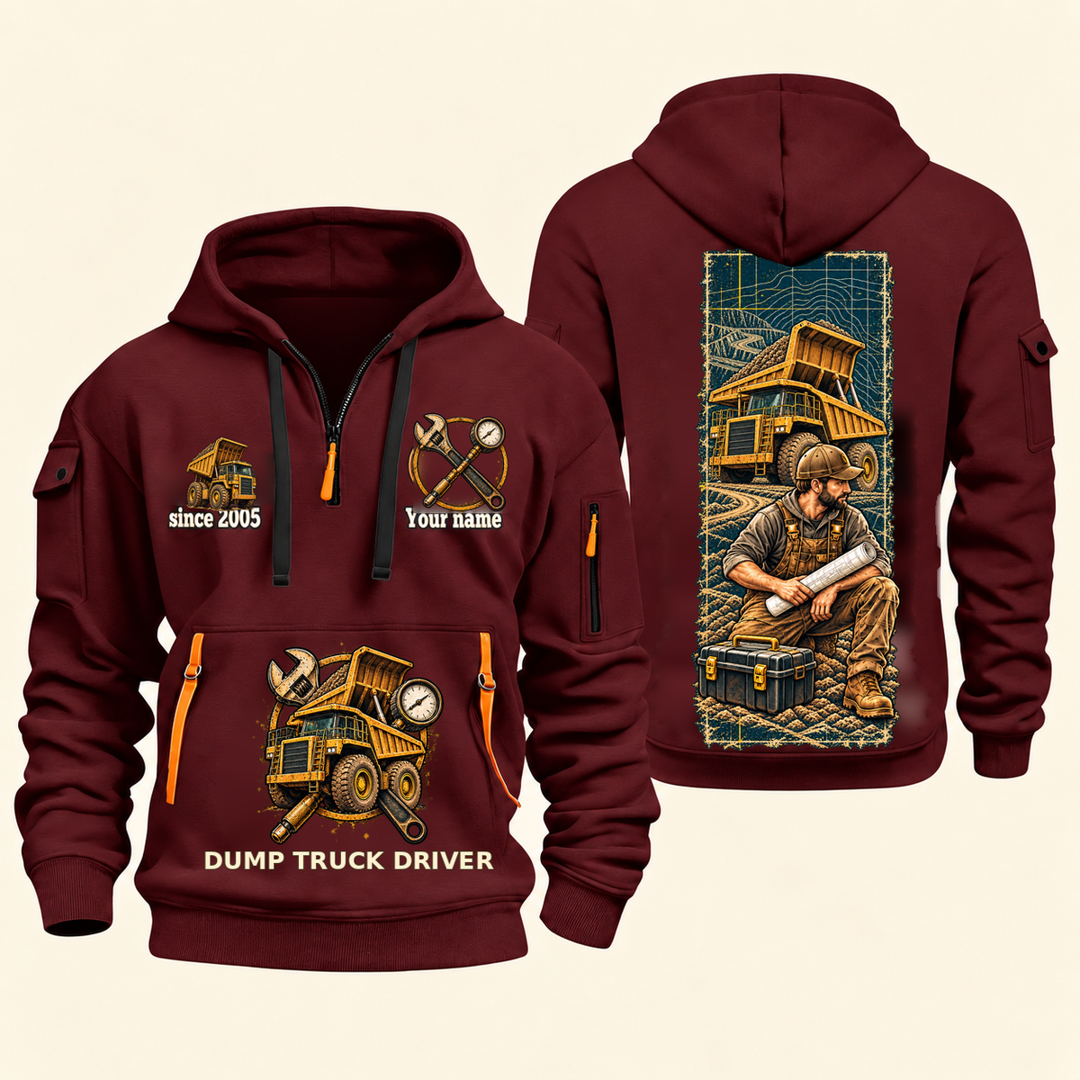 Dump Truck Driver Daily Groundwork Quarter-Zip Hoodie in Wine Red, complete front and back views