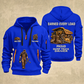 Dump Truck Driver Earned Every Load Quarter-Zip Hoodie in Blue, full authentic front and back views with matching dump truck driver tools and equipment artwork, original sample name/year and Earned Every slogan.