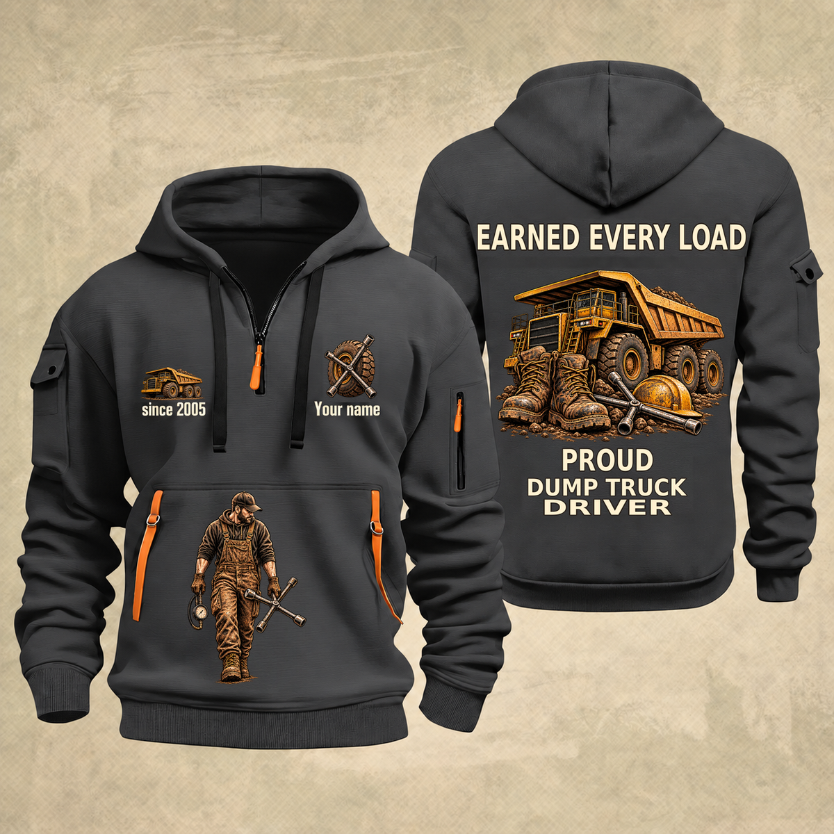 Dump Truck Driver Earned Every Load Quarter-Zip Hoodie in Gray, full authentic front and back views with matching dump truck driver tools and equipment artwork, original sample name/year and Earned Every slogan.