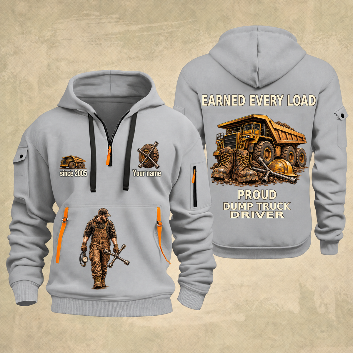 Dump Truck Driver Earned Every Load Quarter-Zip Hoodie in Light Grey, full authentic front and back views with matching dump truck driver tools and equipment artwork, original sample name/year and Earned Every slogan.