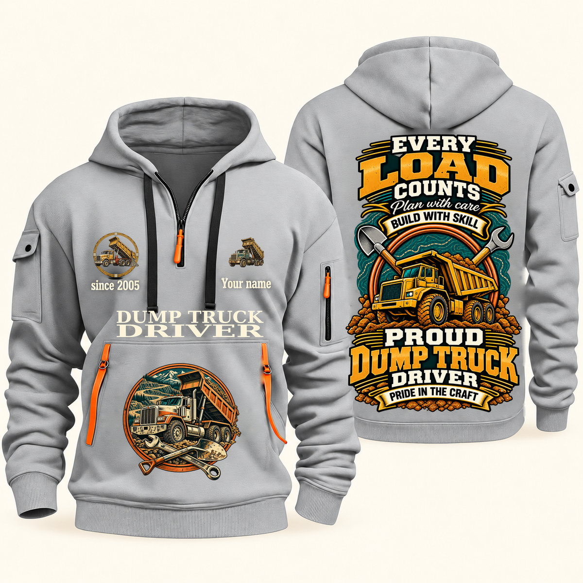 Dump Truck Driver Every Load Counts Quarter-Zip Hoodie in Light Grey, authentic overlapping front and back views with dump truck driver artwork and source sample name/year lettering.