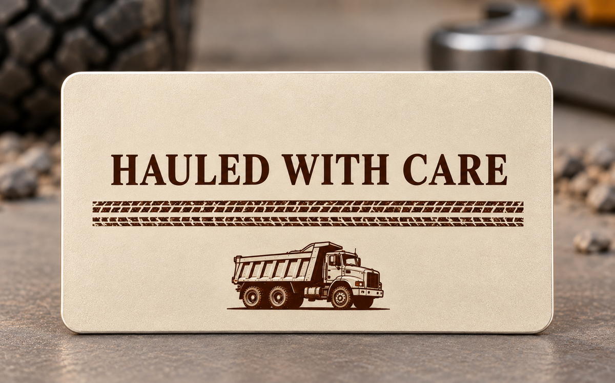 Reverse of the Dump Truck Driver Every Load Aluminum Wallet Card, showing the complete fixed printed artwork and slim aluminum rim.