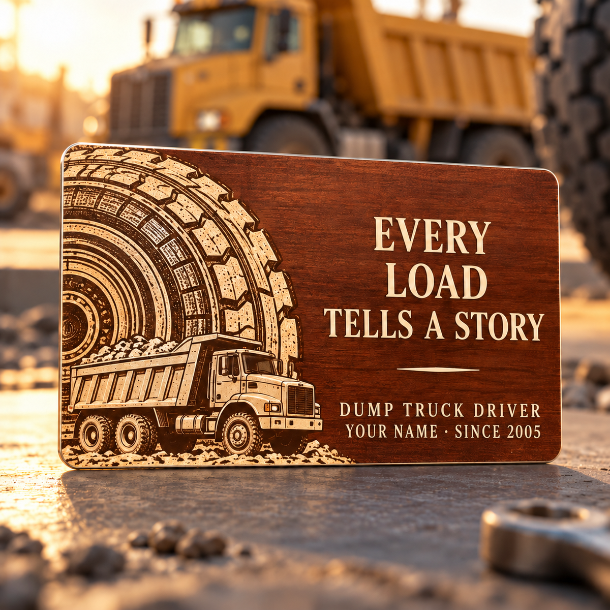 Chestnut front of the Dump Truck Driver Every Load aluminum wallet card, featuring a large illustrated truck tire, a rigid dump truck and Every Load Tells a Story in ivory.